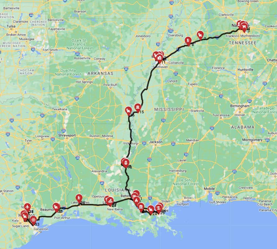 RV route a road trip with a motorhome from Nashville to Houston
